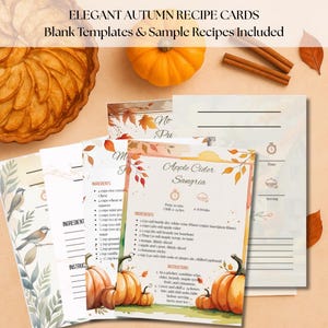 May include: Elegant autumn recipe cards with blank templates and sample recipes. The cards feature watercolor illustrations of pumpkins, leaves, and birds. The text on the cards includes "Apple Cider Sangria" and ingredient lists.