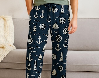 Nautical Men's Pajama Pants: Relaxed Beach Lounge Wear, Maritime Apparel, Navy