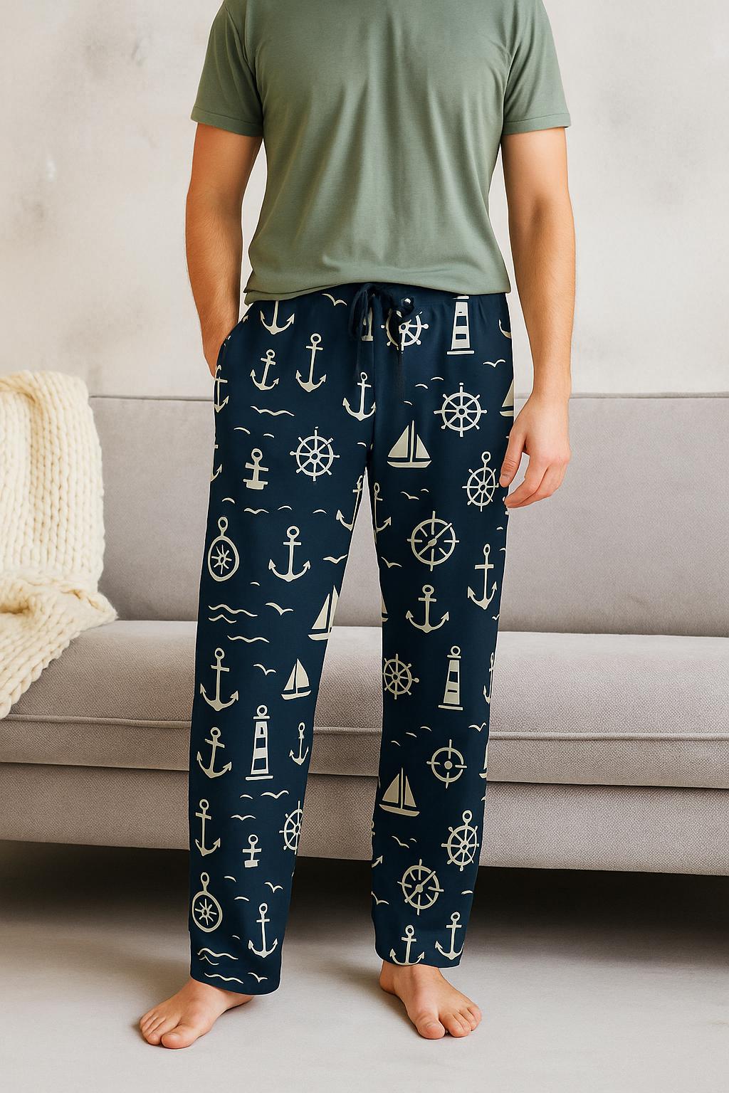 Nautical Men's Pajama Pants: Relaxed Beach Lounge Wear, Maritime Apparel, Navy
