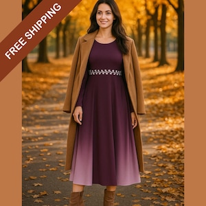 Plum Ombre Midi Dress: Elegant Long Sleeve Fall Winter Gown