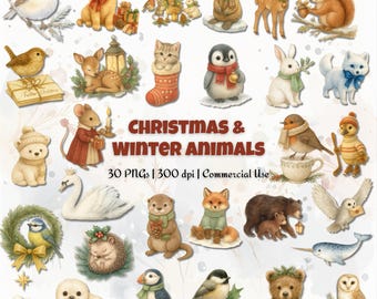 May include: Watercolor illustrations of Christmas and winter animals, including a puppy with a gift, a penguin in a scarf, a fox in a sweater, and a bear with its cub. The text "Christmas & Winter Animals" is displayed.