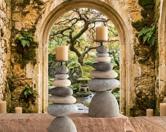 7-Stone Cairn Candle Holders, Set of 2