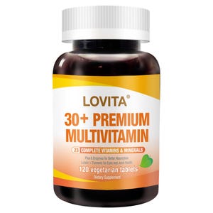 May include: A bottle of Lovita 30+ Premium Multivitamin. The label is white, orange, and yellow with the product name and details. It contains 120 vegetarian tablets and includes 23 complete vitamins and minerals. The bottle has a white cap.