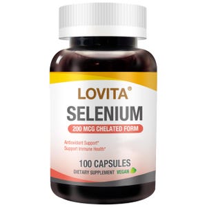 May include: A brown bottle of Lovita Selenium capsules. The label features the brand name, product name, and details about the supplement, including "200 MCG CHELATED FORM" and "100 CAPSULES". The bottle has a white cap and a yellow and white label.