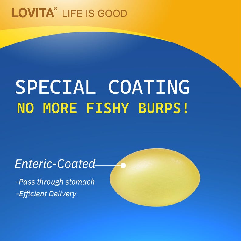 Puede incluir: Un gr&aacute;fico azul y amarillo que promociona un producto con el texto "SPECIAL COATING NO MORE FISHY BURPS!". Tambi&eacute;n incluye el texto "Enteric-Coated" y "-Pass through stomach -Efficient Delivery". Tambi&eacute;n se muestra una forma ovalada amarilla.
