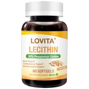 May include: A brown bottle of Lovita Lecithin softgels. The label is white and yellow with the text "LOVITA LECITHIN" and "35% Phosphatidyl Choline". It also states "60 SOFTGELS" and "1000 mg".