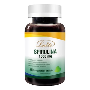 May include: A bottle of Lovita Spirulina 1000 mg dietary supplement. The label is white with yellow and green accents, and features the text "Spirulina" and "90 vegetarian tablets". The bottle is dark brown with a white cap.