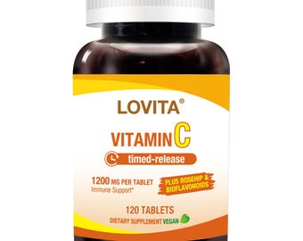 LOVITA Vitamina C 1000 mg – Liberación prolongada con bioflavonoides cítricos y rosa mosqueta – Fórmula 3 en 1 de alta potencia – 120 comprimidos veganos