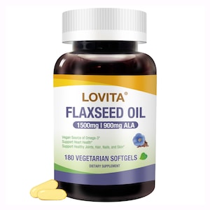 LOVITA Cold-Pressed Flaxseed Oil : 1500mg with 900mg ALA Omega-3. All-Vegan. 180 Softgels
