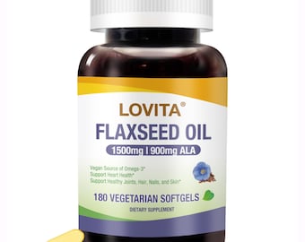 LOVITA Cold-Pressed Flaxseed Oil : 1500mg with 900mg ALA Omega-3. All-Vegan. 180 Softgels