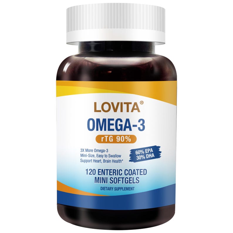 Puede incluir: Una botella de suplemento diet&eacute;tico Lovita Omega-3 rTG 90%. La botella es de color marr&oacute;n oscuro con una tapa blanca. La etiqueta presenta el nombre de la marca, el nombre del producto y las caracter&iacute;sticas clave, incluyendo 120 mini c&aacute;psulas blandas ent&eacute;ricas.