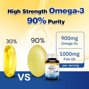 Puede incluir: Imagen promocional de suplementos de Omega-3. Comparaci&oacute;n entre una c&aacute;psula con un 30% de pureza y otra con un 90%, junto a un frasco de LOVITA Omega-3. La imagen destaca la alta concentraci&oacute;n y el 90% de pureza, con 900mg de Omega-3 y 1000mg de aceite de pescado por porci&oacute;n.