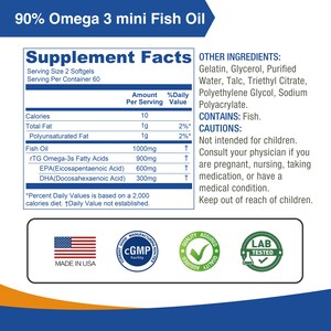 Puede incluir: Una etiqueta de informaci&oacute;n nutricional para 90% Omega 3 mini Aceite de Pescado. La etiqueta incluye el tama&ntilde;o de la porci&oacute;n, los ingredientes y la informaci&oacute;n nutricional. Fabricado en EE. UU. y probado en laboratorio.