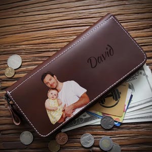 Custom Engraved Photo Wallet for Men – Personalized Leather Wallet with Picture, Handwriting or Message – Customized Gift for Husband & Dad