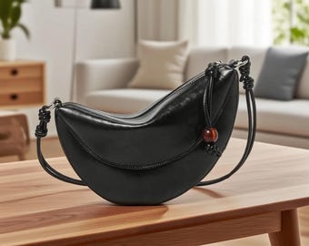 Leather Bag, Boho Crescent Moon Bag, Cowhide Shoulder Bag, Women&#39;s Crossbody Bag, Unique Purse, Boho Style Gift