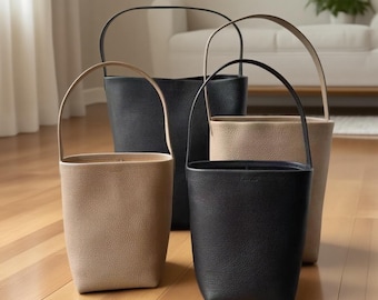 Genuine Leather Tote Bags, Minimal Design Shoulder Bags, Leather Bucket Bags, Leather Top Handle Bag, Three Sizes Available for Choices