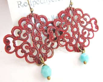 Red Filigree Earrings, Bohemian, Dangle Drop,  Moroccan Style Earrings, Redpeonycreations