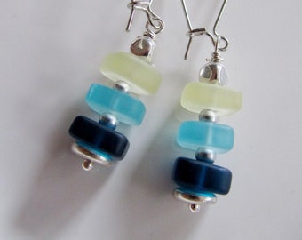 Blue Sea Glass Earrings, Square Beach Earrings, Redpeonycreations