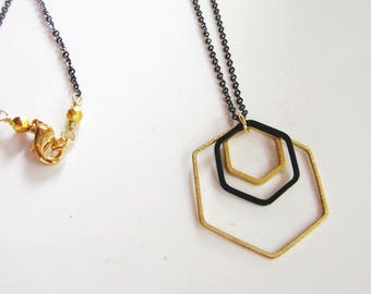 Gold Geometric Necklace, Brass Hexagon Jewelry, Black Chain, Modern Necklace, Redpeonycreations