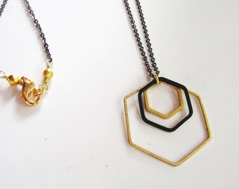 Gold Geometric Necklace, Brass Hexagon Jewelry, Modern Necklace, Redpeonycreations