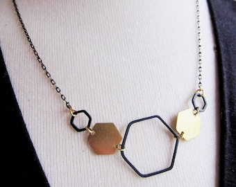 Black and Gold Hexagon Necklace: Geometric Jewelry
