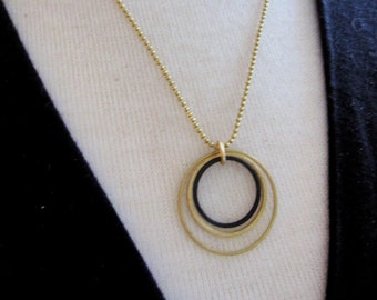 Brass Circle Necklace, Gold and Black Geometric Jewelry, Modern Style, Brass Ball Chain, Redpeonycreations