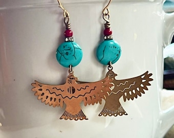 Brass Eagle Earrings, Patriotic Jewelry, National Bird, Turquoise, Election Year