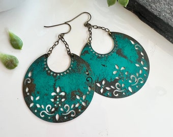 Teal Patina Boho Earrings, Brass Filigree Earrings, Large Crescent, Moroccan Style, Redpeonycreations