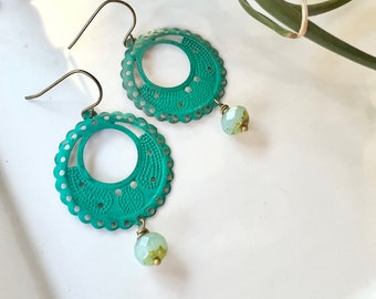 Green Mint Filigree Earrings, Bohemian, Dangle Drop, Moroccan Style, Redpeonycreations