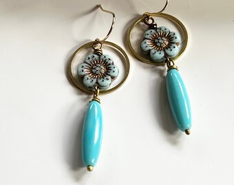 Turquoise and Brass Earrings, Spring Blue Czech Flower, Bohemian Style, Redpeonycreations