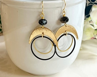 Brass Geometric Half Moon Earrings, Gold with Black Hoops, Lightweight Brass Party Earrings, Large Statement Earrings