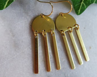 Long Brass earrings, Geometric Dangle Drop earrings, Gold Rectangle Stick Bar, Minimalist Modern Jewelry