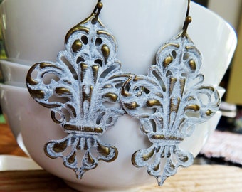 White Patina Earrings, Large Floral Earrings, Moroccan Design, Redpeonycreations