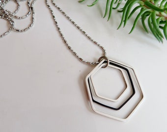 Silver and Black Geometric Necklace, Hexagon, Geometric Jewelry, Long Necklace, Redpeonycreations