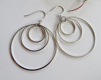 Silver Circle Hoops, Large Geometric Earrings, Gift for Girlfriend, Silver Orbit Earrings, Redpeonycreations