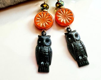 Black Owl Earrings, Orange Glass Flower, Halloween Jewelry, Redpeonycreations