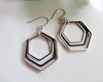 Silver and Black Geometric Earrings, Hexagon, Modern, Geometric Jewelry, Redpeonycreations