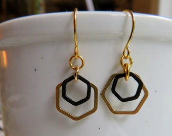 Geometric Small Earrings, Gold and Black Hexagon, Everyday Jewelry, Redpeonycreations