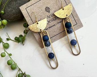 Brass Half Moon Earrings, Blue and White Agate, Channel Earrings, Statement Earrings, Redpeonycreations
