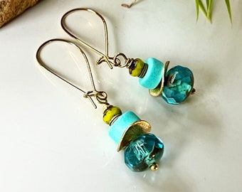 Boho Beaded Turquoise Earrings, Green Czech Beads, Long Hippie Chic Style, Blueartichokedesigns