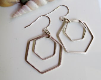 Silver Hexagon Earrings, Minimalist Geometric Dangle Drops, Redpeonycreations