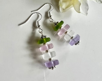 Pink, Green, Lavender Sea Glass Earrings, Spring Beach Dangles, Silver Earwires, Redpeonycreations