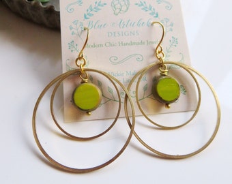 Brass Orbit Earrings, Green Glass, Gold Circles, Geometric Earrings, Redpeonycreations