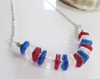 Sea Glass Necklace, Red White Blue Necklace, Summer Patriotic Necklace, 4th of July, Redpeonycreations