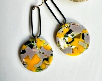 Acetate Coin Earrings, Gold Purple Mosaic, Modern Jewelry, Gift for Her, Redpeonycreations