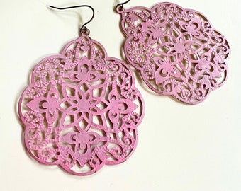 Large Pink Filigree Earrings, Statement Earrings, Bohemian Style, Redpeonycreations