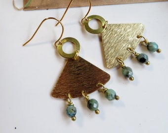 Brass Fringe Earrings, African Turquoise, Geometric Jewelry, Redpeonycreations