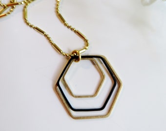 Hexagon Geometric Necklace, Gold and Black, Classic Modern Jewelry, Redpeonycreations