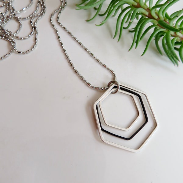 Silver and Black Geometric Necklace, Hexagon, Geometric Jewelry, Long Necklace, Redpeonycreations