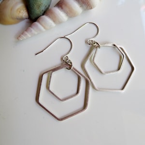 Silver Hexagon Earrings, Minimalist Geometric Dangle Drops, Redpeonycreations